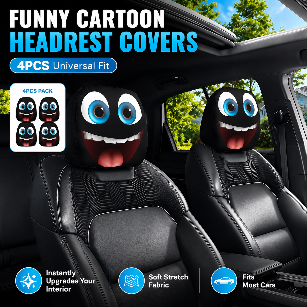 😈 Creepy Funny Car Headrest Covers – 2PCS Universal Fit 🚗