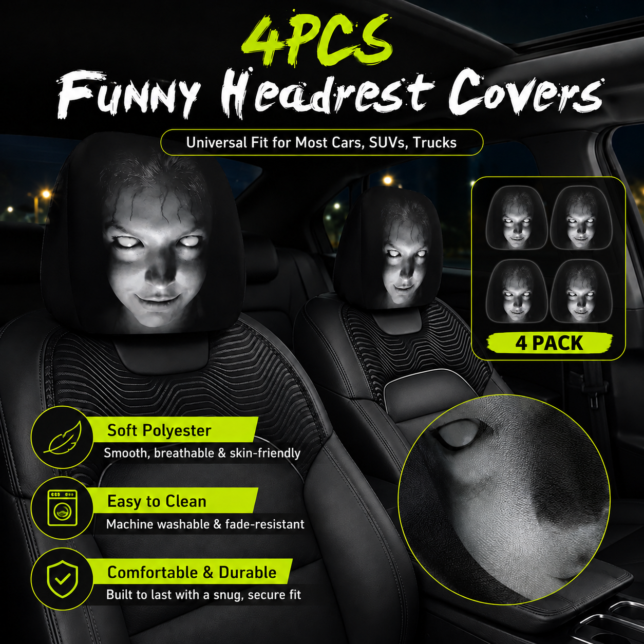 😈 Creepy Funny Car Headrest Covers – 2PCS Universal Fit 🚗
