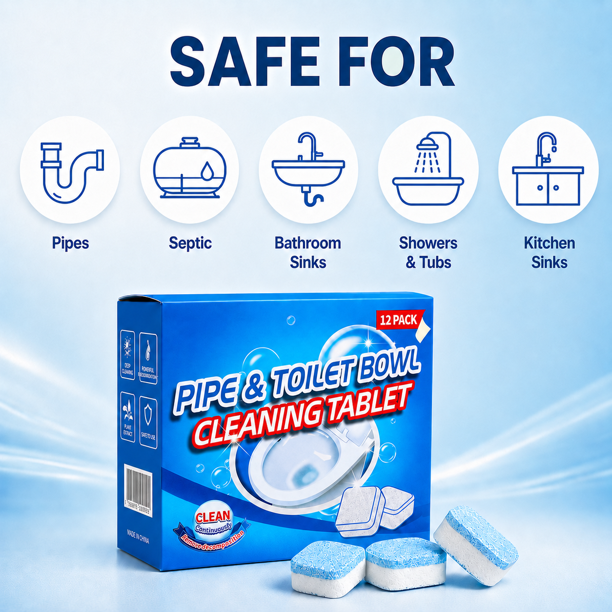 💥🫧Drain Cleaning Tablets 12 Pack For Sinks, Showers & Washing Machines