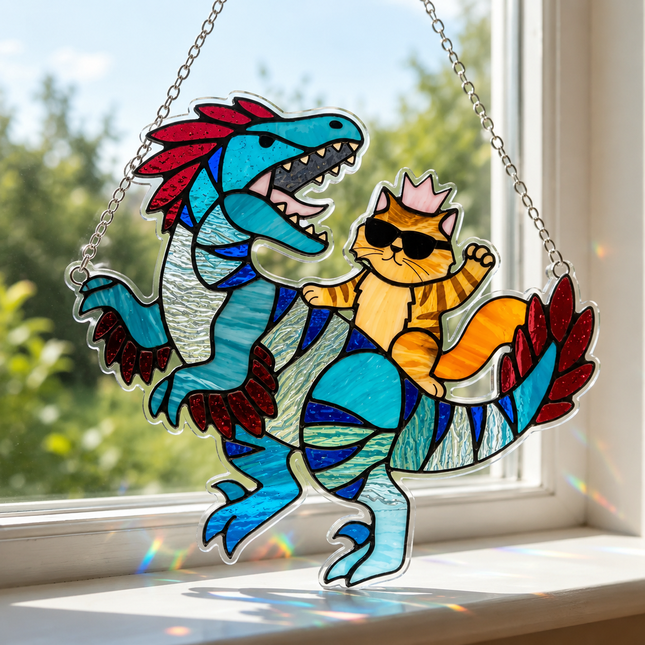 🌈 Princess Cat & Dino Acrylic Suncatcher – Turn Sunlight Into Magic ✨