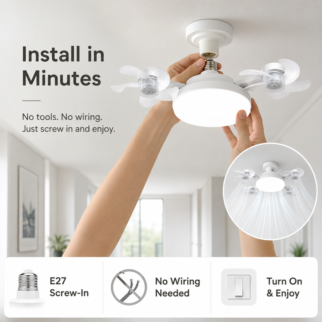 ❄️50% OFF TODAY💡 2-in-1 Ceiling Fan Light 🔧No Wiring • No Tools • Just Screw It In
