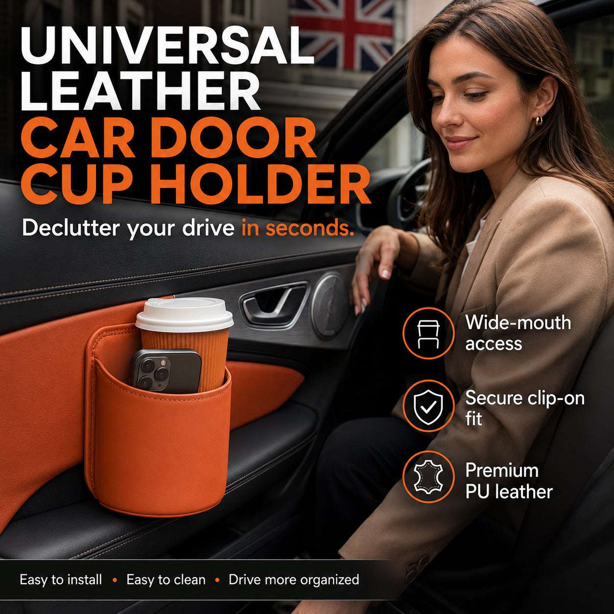 🚗🧺 50% OFF! Leather Car Door Cup Holder – Wide‑mouth opening, easy reach for drinks & phone