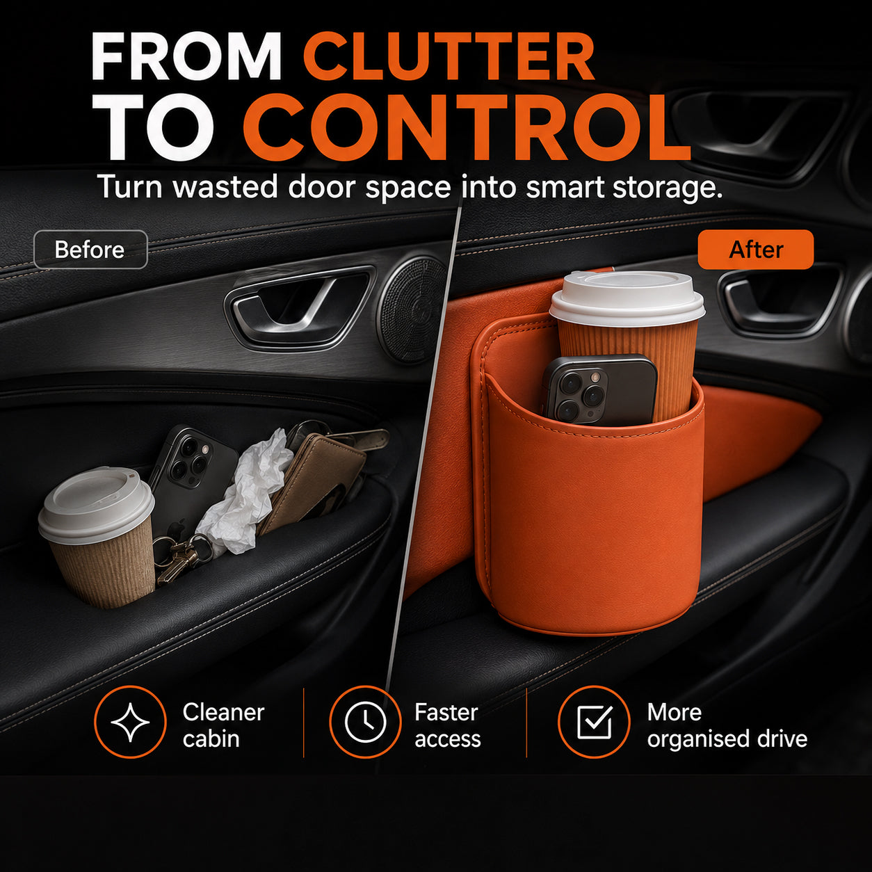 🚗🧺 50% OFF! Leather Car Door Cup Holder – Wide‑mouth opening, easy reach for drinks & phone