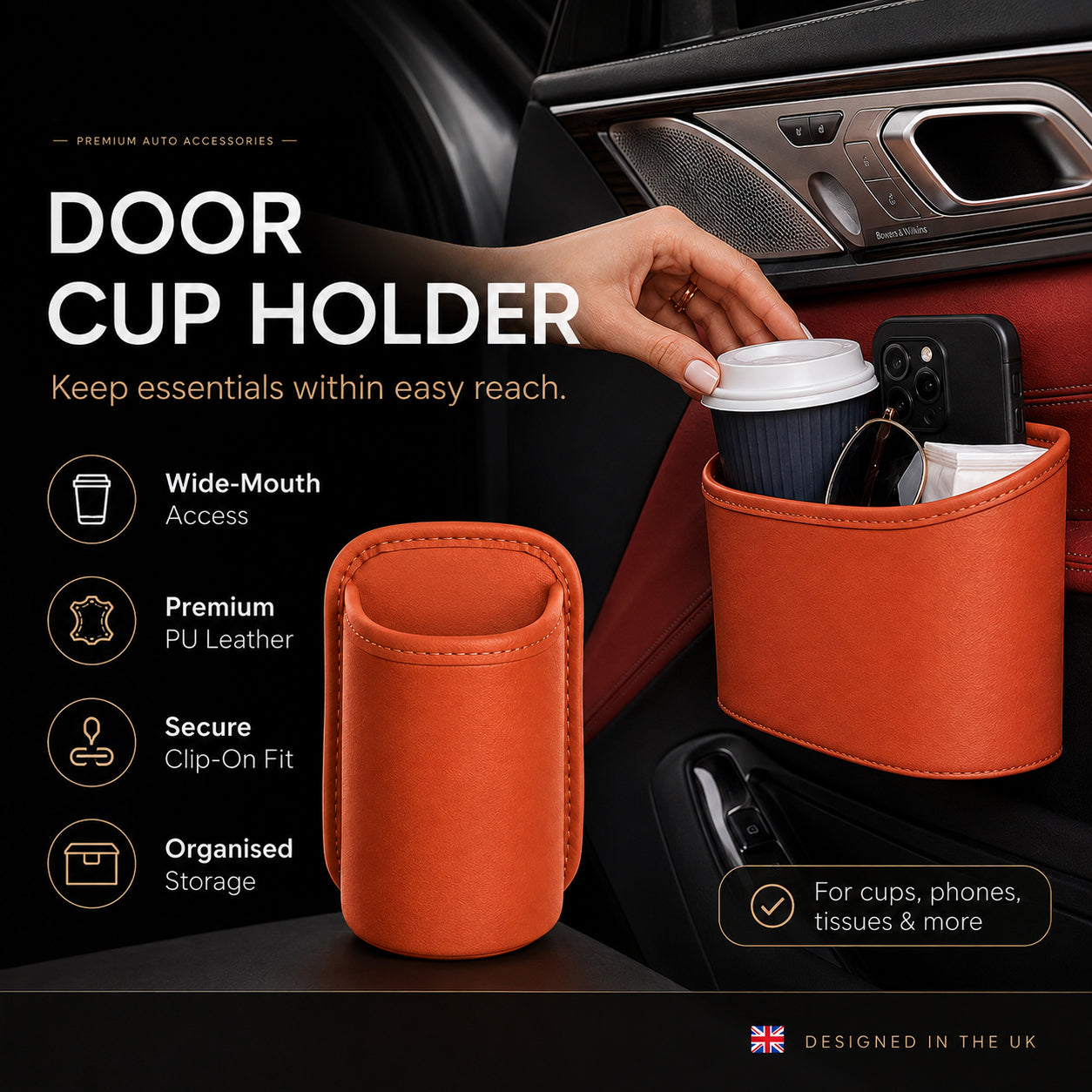 🚗🧺 50% OFF! Leather Car Door Cup Holder – Wide‑mouth opening, easy reach for drinks & phone
