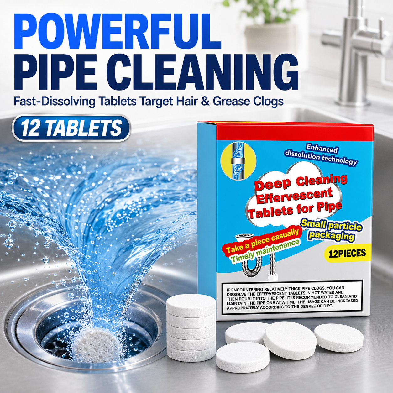 🔥50% OFF ❤️Powerful Cleaning Effervescent Tablets for Pipe, Fast Dissolve Hair Grease Clogs, Deodorizing Antibacterial Pipe Cleaner for Sink Toilet Floor Drain