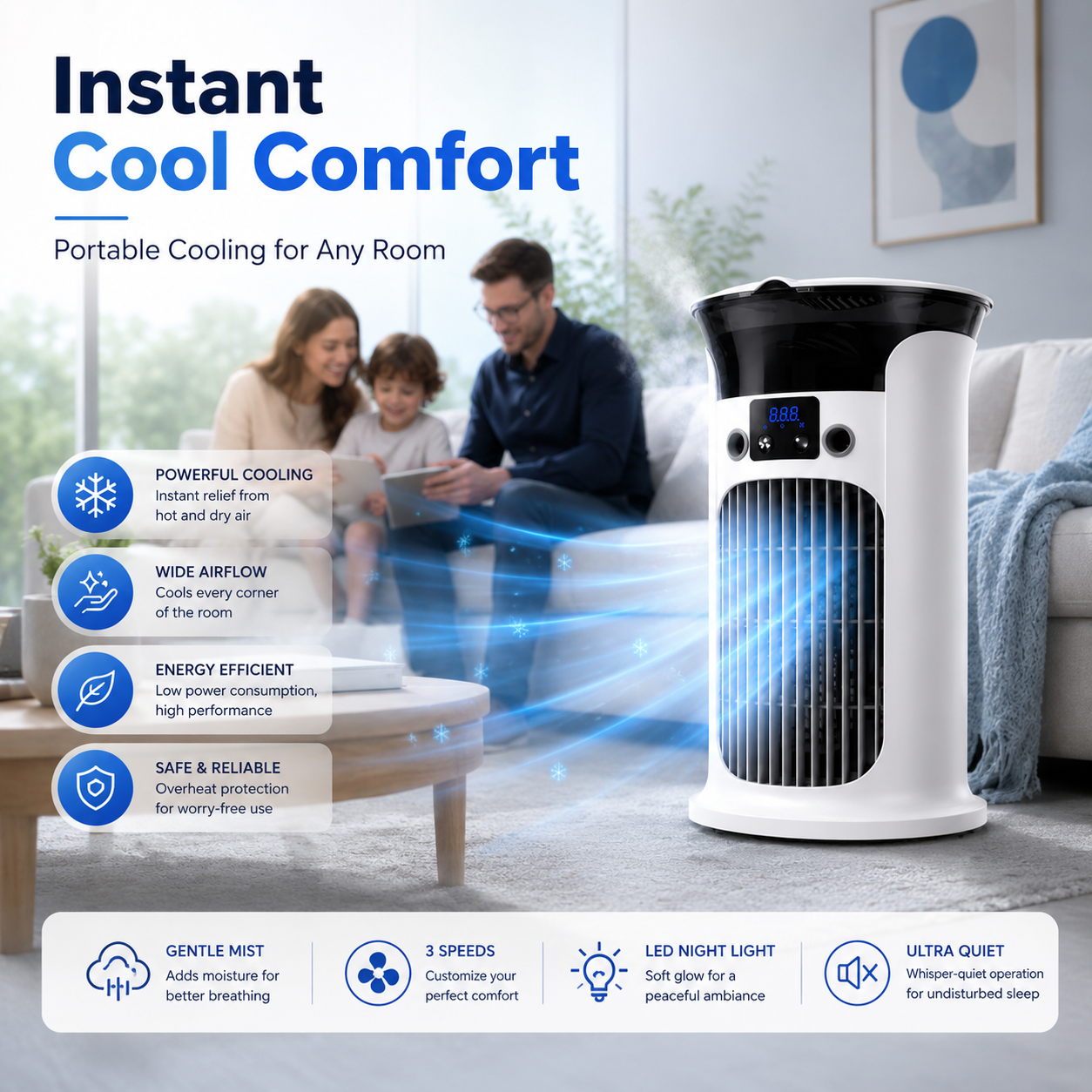❄️ 2026 Hot Sale | 3-in-1 Portable Air Cooler ❄️ Portable Mist Air Cooler with LED Night Light