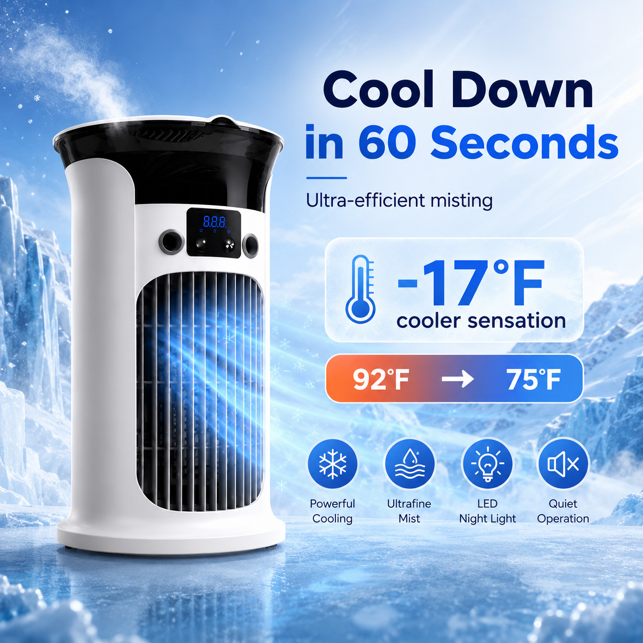 ❄️ 2026 Hot Sale | 3-in-1 Portable Air Cooler ❄️ Portable Mist Air Cooler with LED Night Light