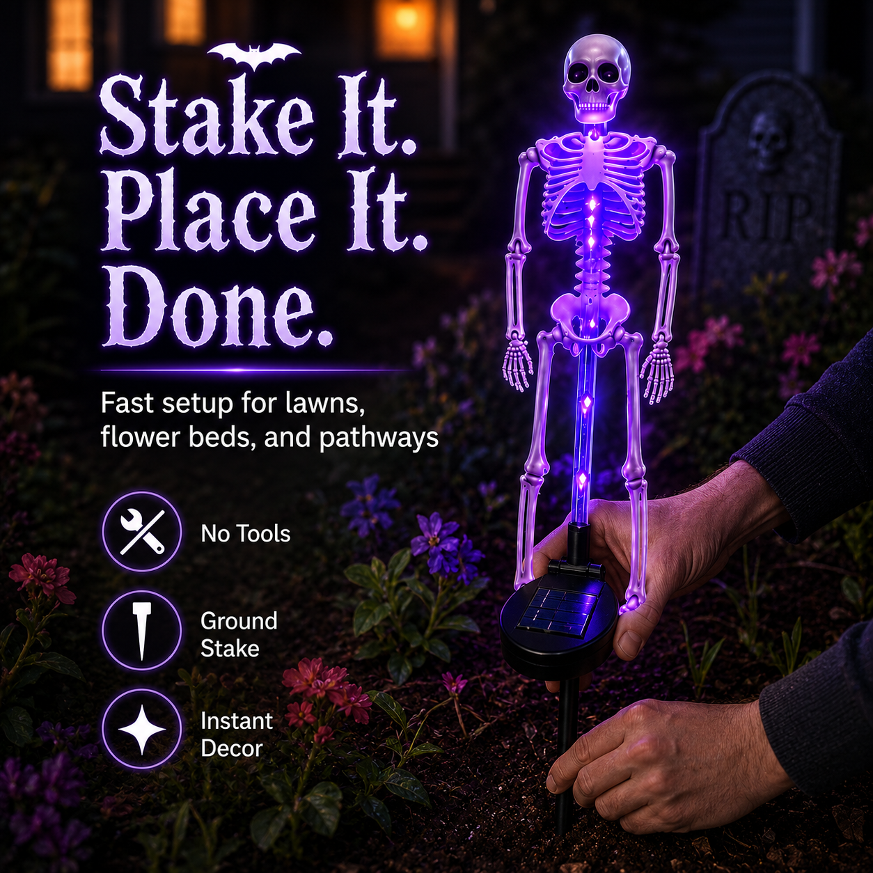 💀 Solar Skeleton Yard Stake-Solar Purple Skeleton Yard Stake Halloween Decor