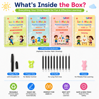 Magic Handwriting Practice Copybook Set (4 Books + Pen + 10 Refills + Grip)