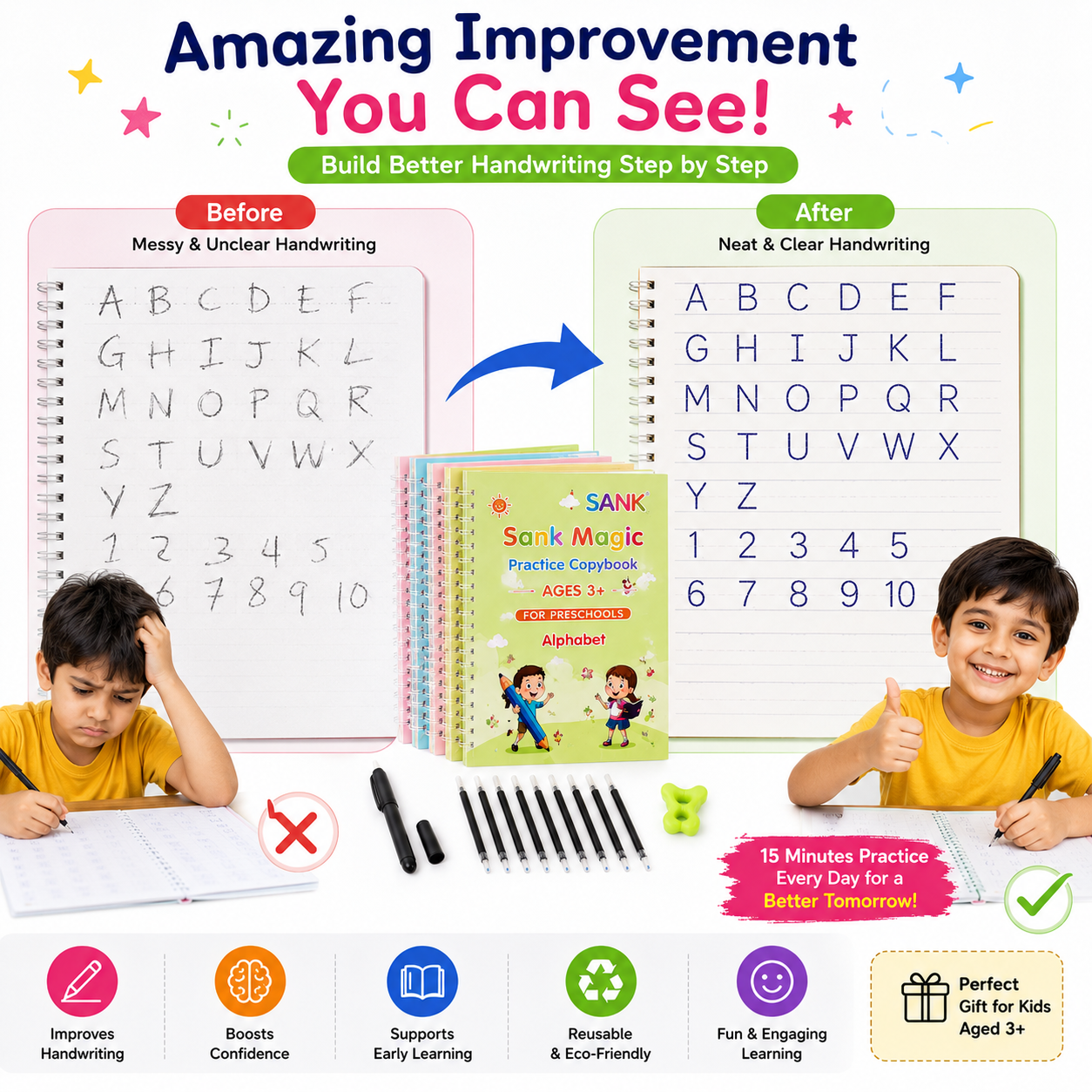 Magic Handwriting Practice Copybook Set (4 Books + Pen + 10 Refills + Grip)