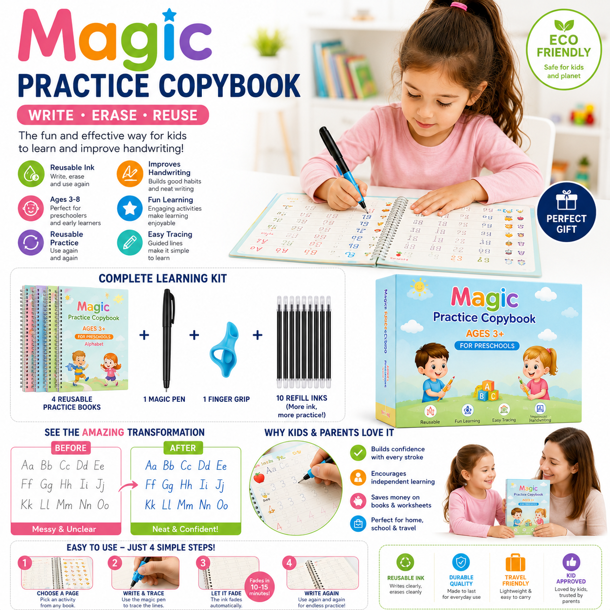 Magic Handwriting Practice Copybook Set (4 Books + Pen + 10 Refills + Grip)