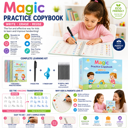 Magic Handwriting Practice Copybook Set (4 Books + Pen + 10 Refills + Grip)