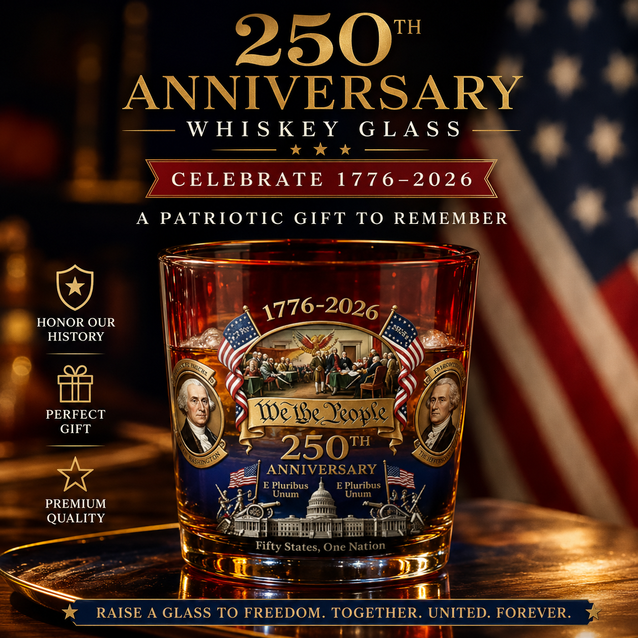 250th Anniversary Whisky and Wine Gift Box Set, Traditional American 250th Anniversary Glass Bottle, suitable for Scotch whisky, collectible wine sets or tabletop displays, and an ideal gift for Independence Day, 3PCS