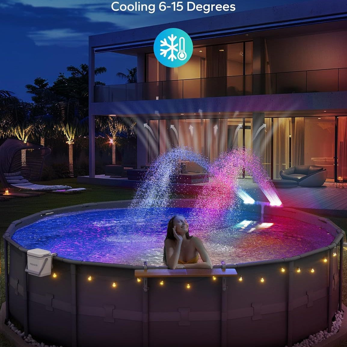 Solar-powered pool fountain with lights, double-arch jet, fountain with changing lights for in-ground and above-ground pools