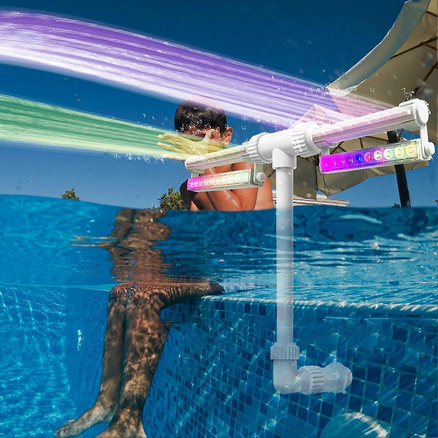 Solar-powered pool fountain with lights, double-arch jet, fountain with changing lights for in-ground and above-ground pools