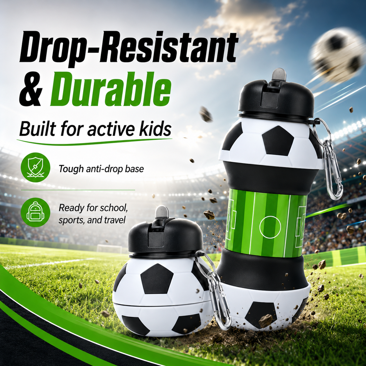⚽ Football Sport Design Silicone Collapsible Water Bottles, Sports Bottle with Carabiner Clip