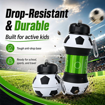 ⚽ Football Sport Design Silicone Collapsible Water Bottles, Sports Bottle with Carabiner Clip