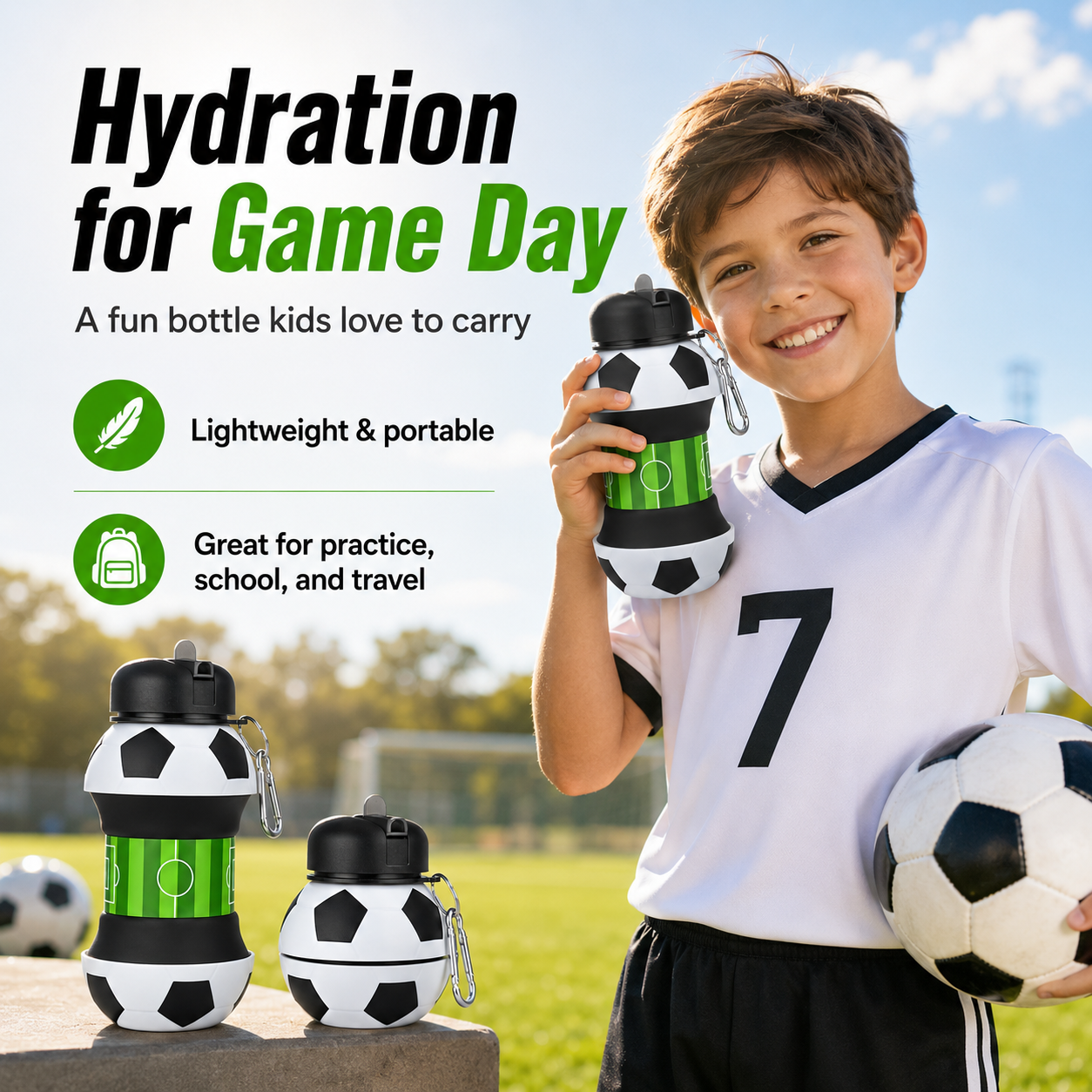⚽ Football Sport Design Silicone Collapsible Water Bottles, Sports Bottle with Carabiner Clip