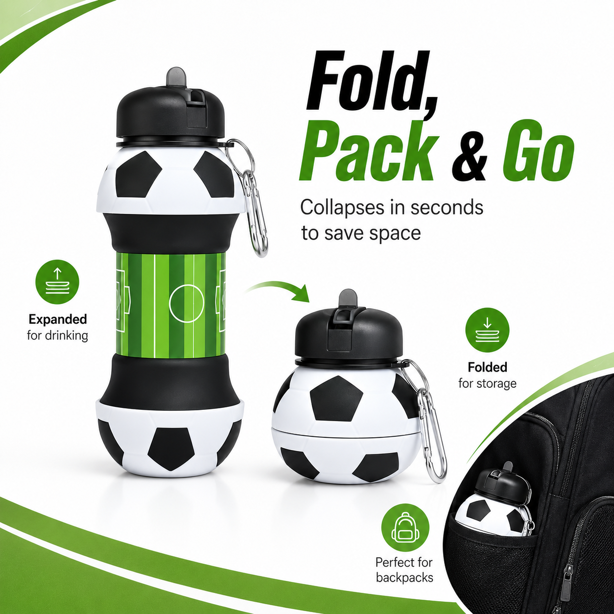 ⚽ Football Sport Design Silicone Collapsible Water Bottles, Sports Bottle with Carabiner Clip