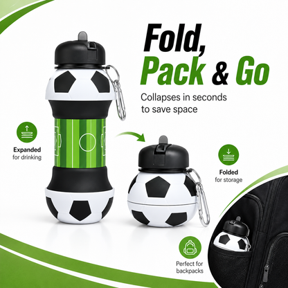 ⚽ Football Sport Design Silicone Collapsible Water Bottles, Sports Bottle with Carabiner Clip