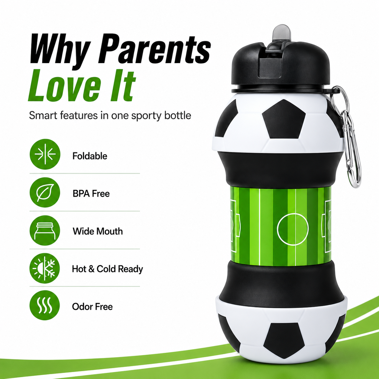 ⚽ Football Sport Design Silicone Collapsible Water Bottles, Sports Bottle with Carabiner Clip