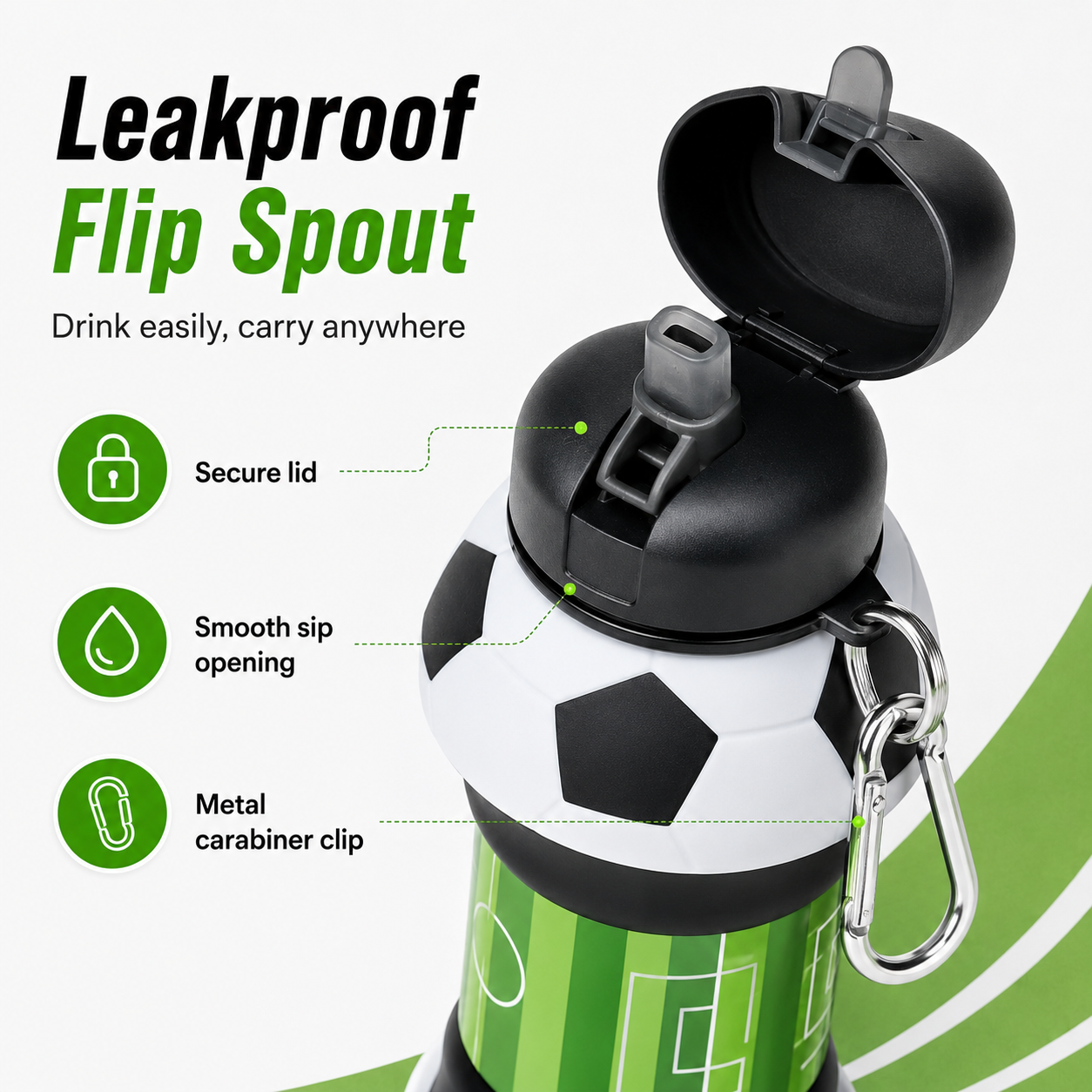 ⚽ Football Sport Design Silicone Collapsible Water Bottles, Sports Bottle with Carabiner Clip