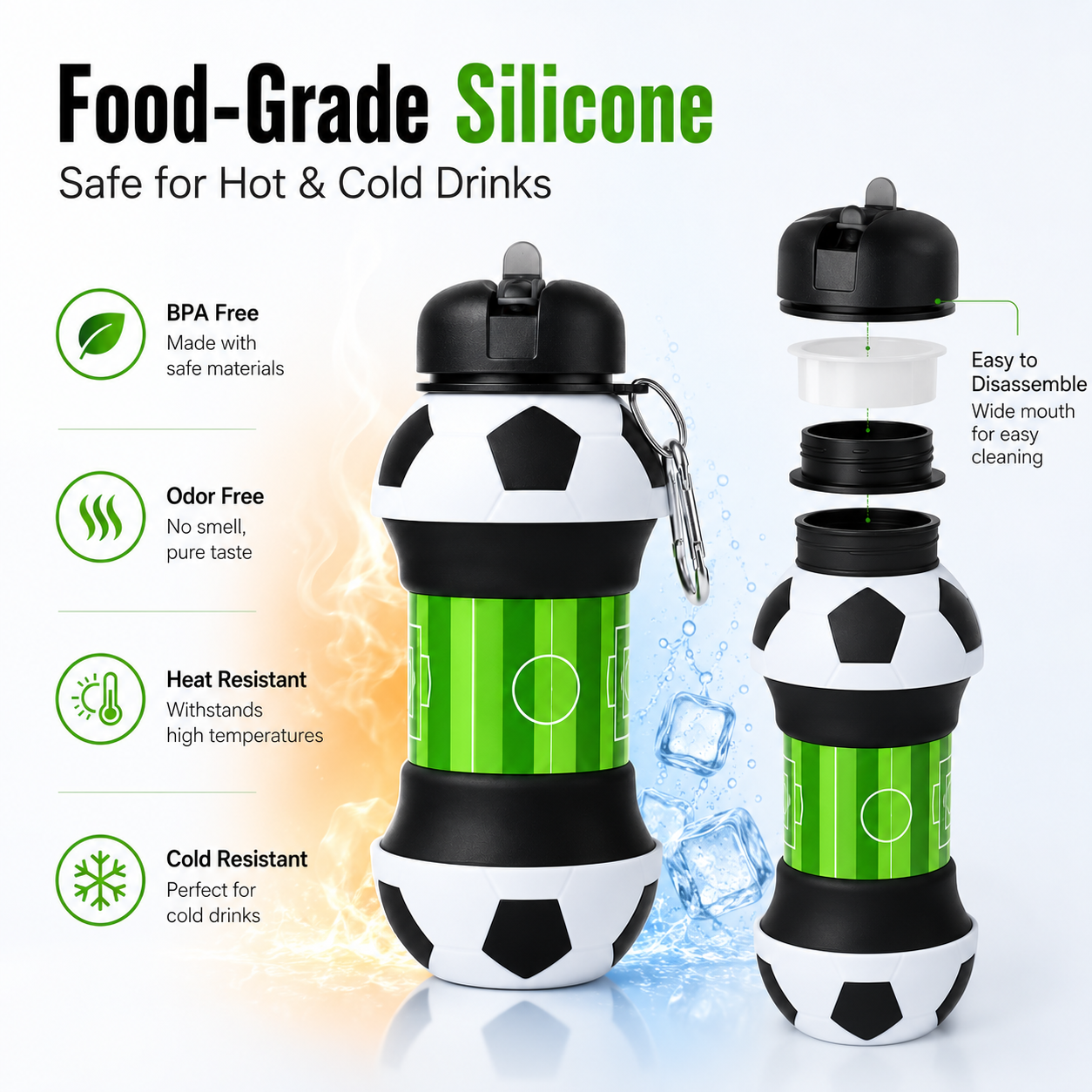 ⚽ Football Sport Design Silicone Collapsible Water Bottles, Sports Bottle with Carabiner Clip