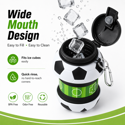 ⚽ Football Sport Design Silicone Collapsible Water Bottles, Sports Bottle with Carabiner Clip