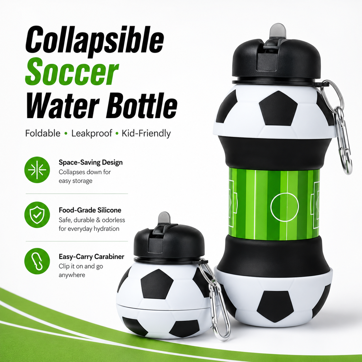 ⚽ Football Sport Design Silicone Collapsible Water Bottles, Sports Bottle with Carabiner Clip