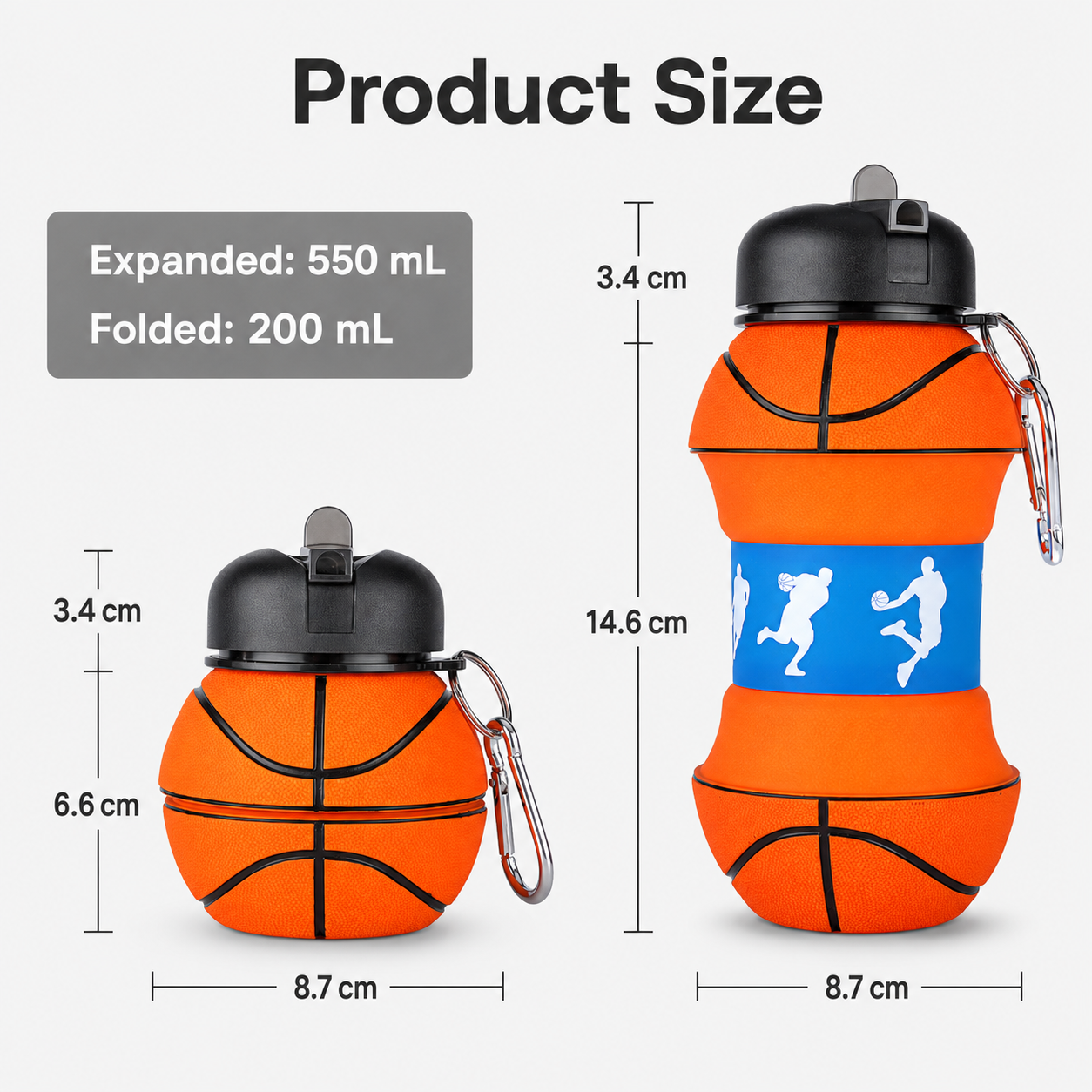 ⚽ Football Sport Design Silicone Collapsible Water Bottles, Sports Bottle with Carabiner Clip