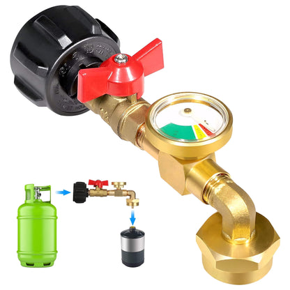 Upgraded Propane Refill Adapter with Valve and Gauge, Fill 1 lb Bottles from 20 lb Tank, Solid Brass
