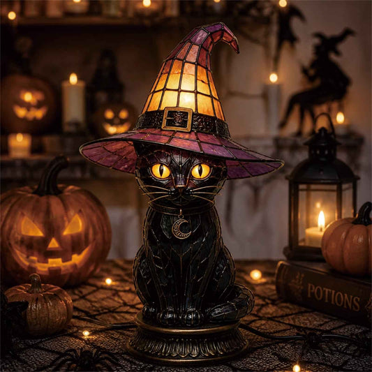 🔥Exclusive Limited Item 👍🔥50%OFF🐈 Gothic Stained Resin Witch Black Cat Table Lamp | Halloween Witch Hat Night Light Decor