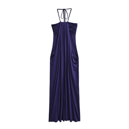 Draped Halter Tie Back Midi Dress with Pockets