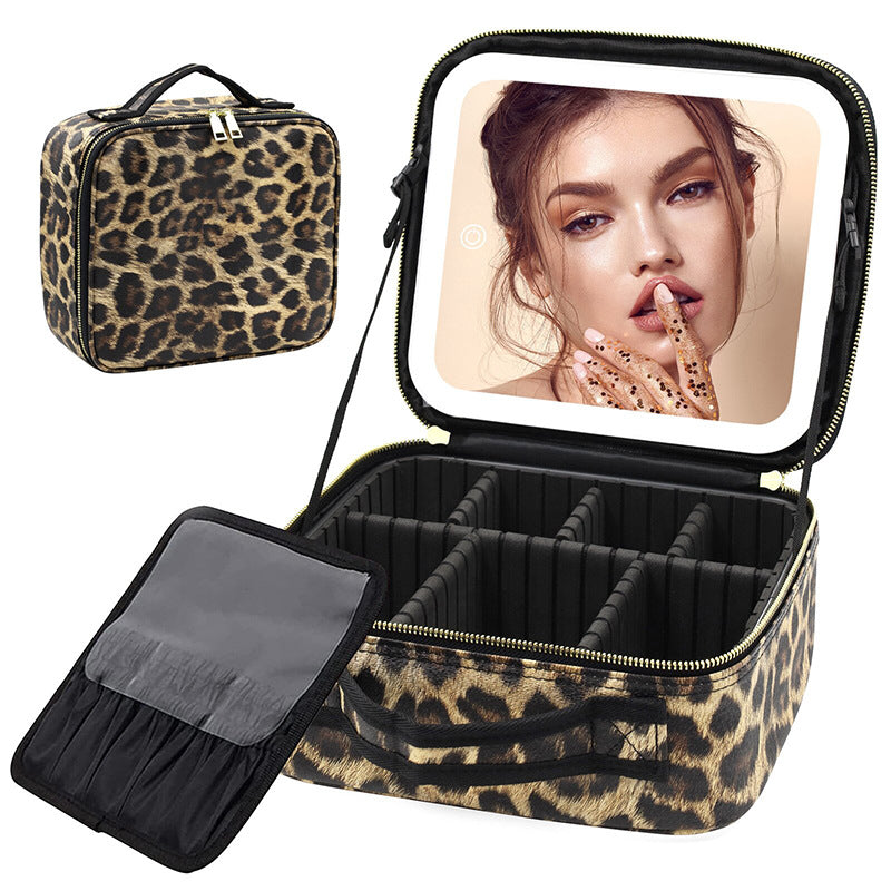 Leopard Print Makeup Case with Mirror & Dimmable LED Lights