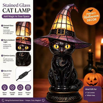 🔥Exclusive Limited Item 👍🔥50%OFF🐈 Gothic Stained Glass Witch Black Cat Table Lamp | Halloween Witch Hat Night Light Decor