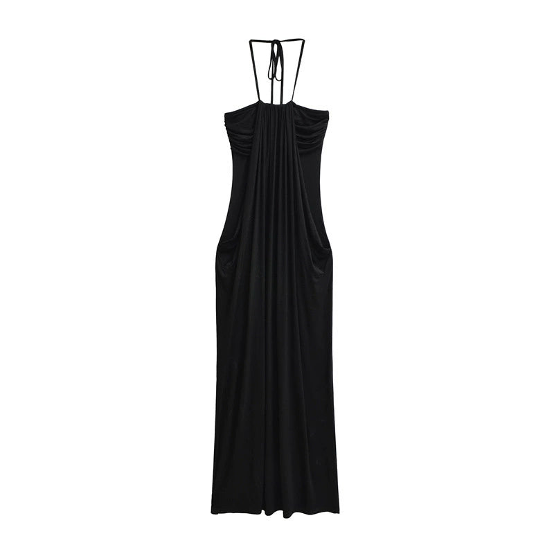 Draped Halter Tie Back Midi Dress with Pockets