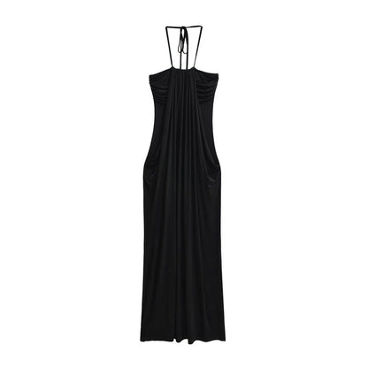 Draped Halter Tie Back Midi Dress with Pockets