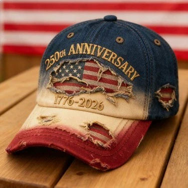🎁250th Anniversary 1776-2026 Distressed Denim Baseball Cap for Men American Flag Embroidery