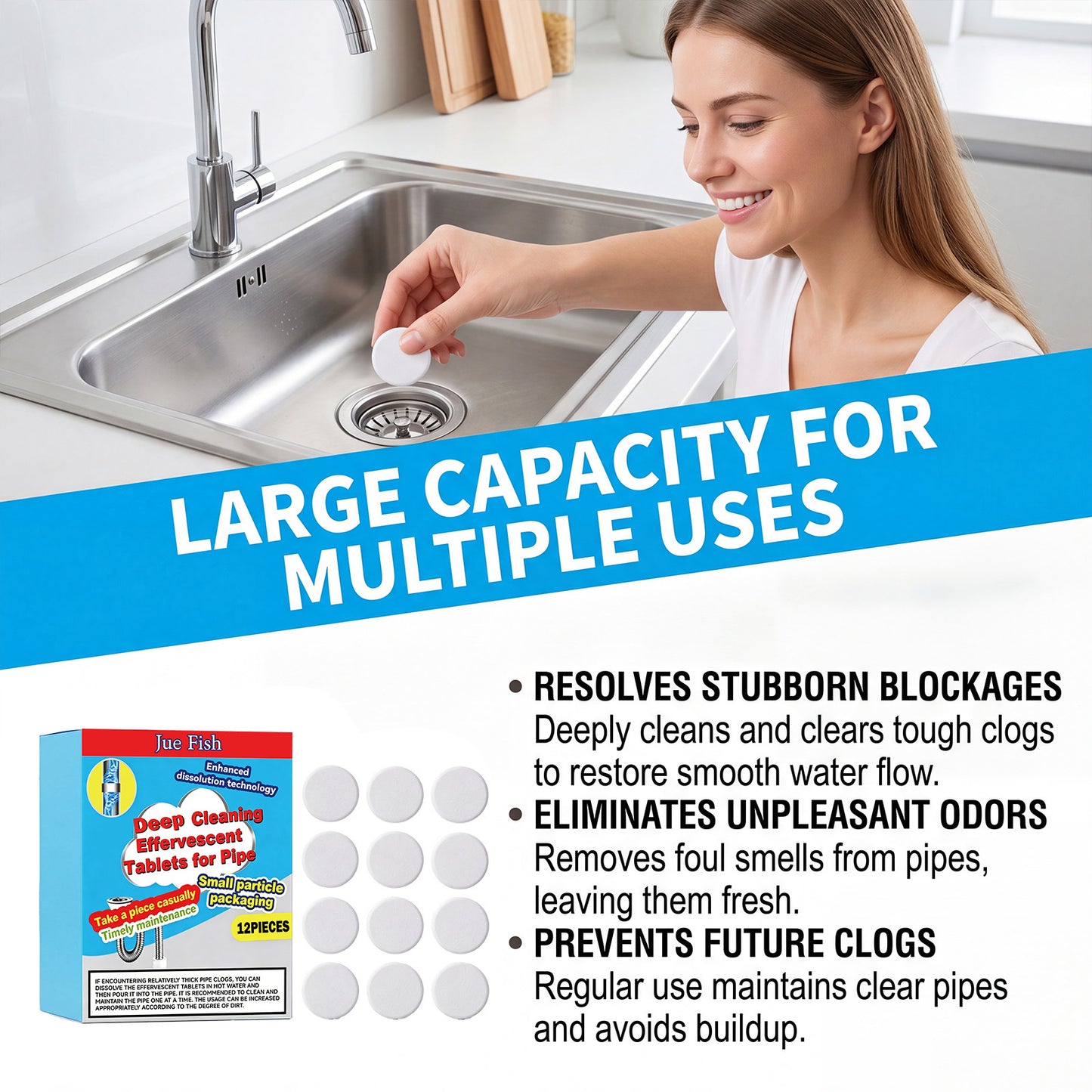 🔥50% OFF ❤️Powerful Cleaning Effervescent Tablets for Pipe, Fast Dissolve Hair Grease Clogs, Deodorizing Antibacterial Pipe Cleaner for Sink Toilet Floor Drain