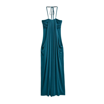 Draped Halter Tie Back Midi Dress with Pockets