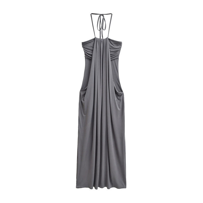 Draped Halter Tie Back Midi Dress with Pockets