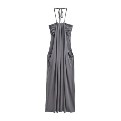Draped Halter Tie Back Midi Dress with Pockets