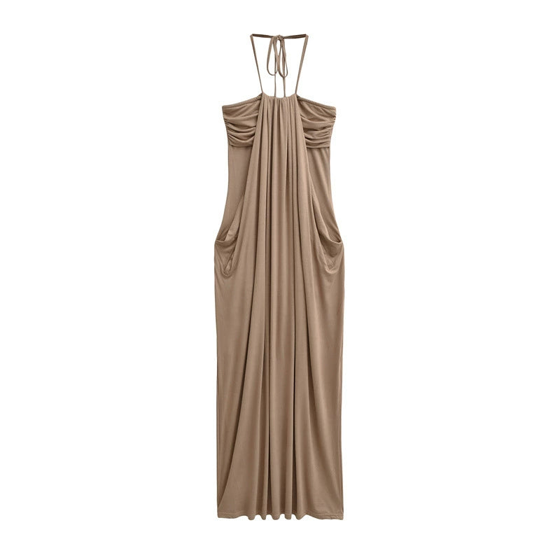 Draped Halter Tie Back Midi Dress with Pockets