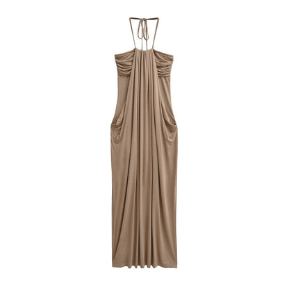 Draped Halter Tie Back Midi Dress with Pockets