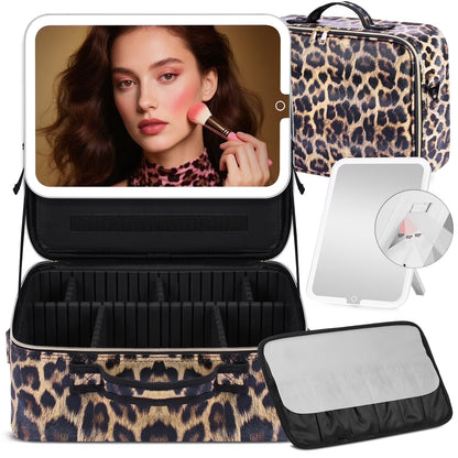 Leopard Print Makeup Case with Mirror & Dimmable LED Lights
