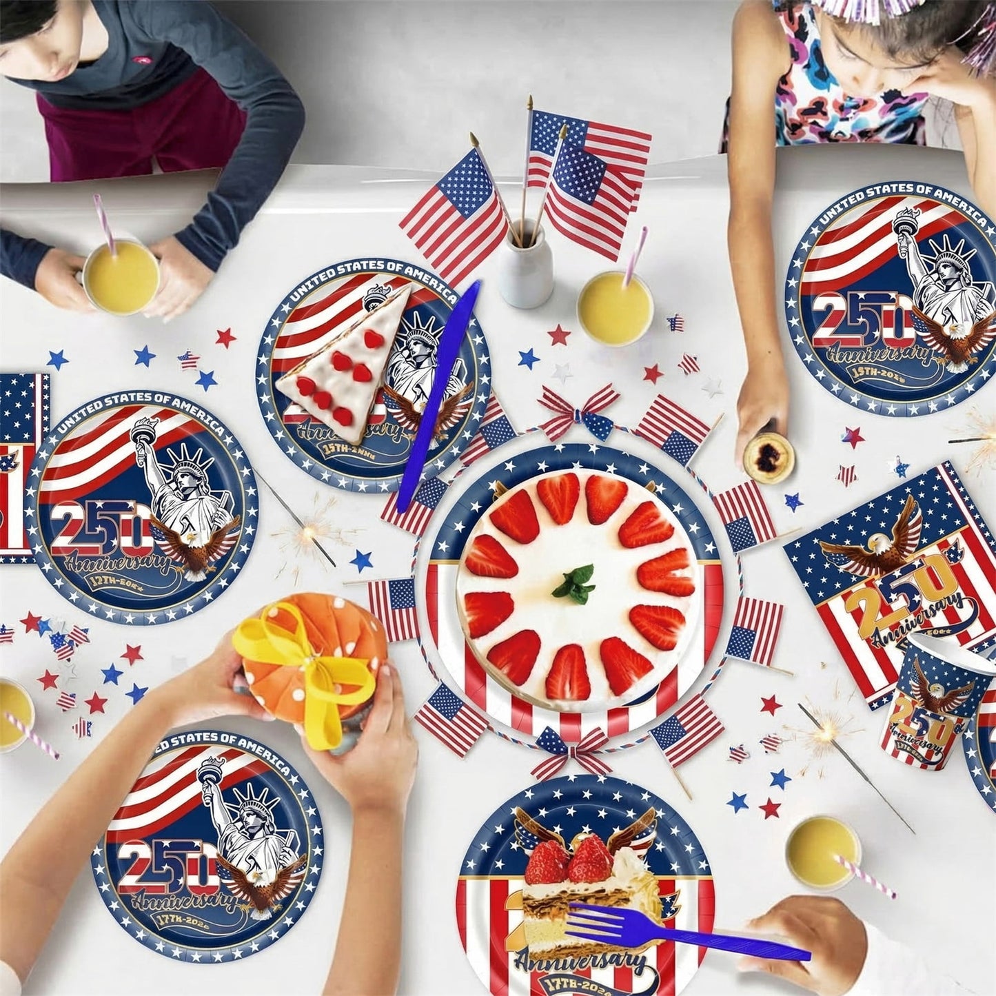 🎉Hot Sell🔥4th of July All-in-One Disposable Party Kit | Perfect for America’s 250th Celebration! 97PCS with Tablecloth, Banners & Cutlery
