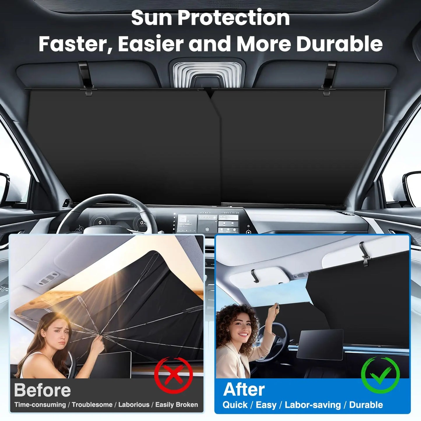 EURVET 2026 Car Windshield Sun Shade - Adjustable Auto Retractable UV & Heat Protection Easy to Use Universal Fit for Car Camping Outdoor Daily Parking Cool Reflective Sun Blocker windshieldcover