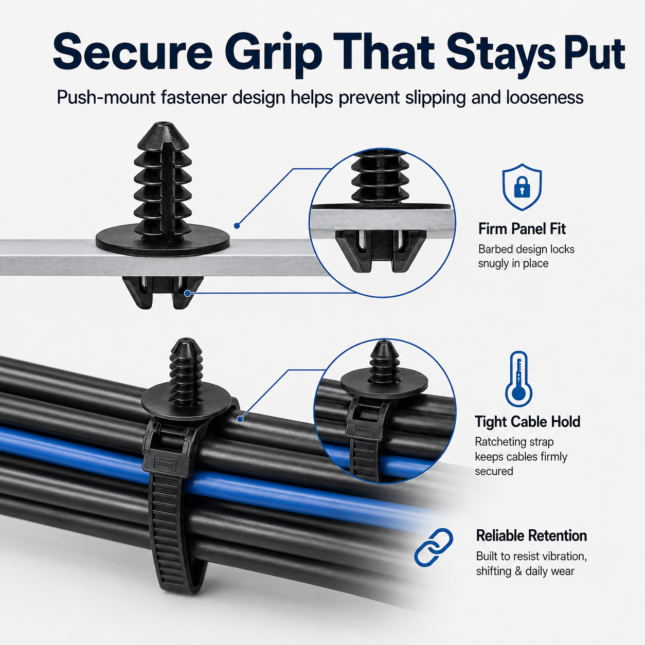 110 PCS Automotive Installation Black Push Mount Cable Zip Ties Assorted Sizes