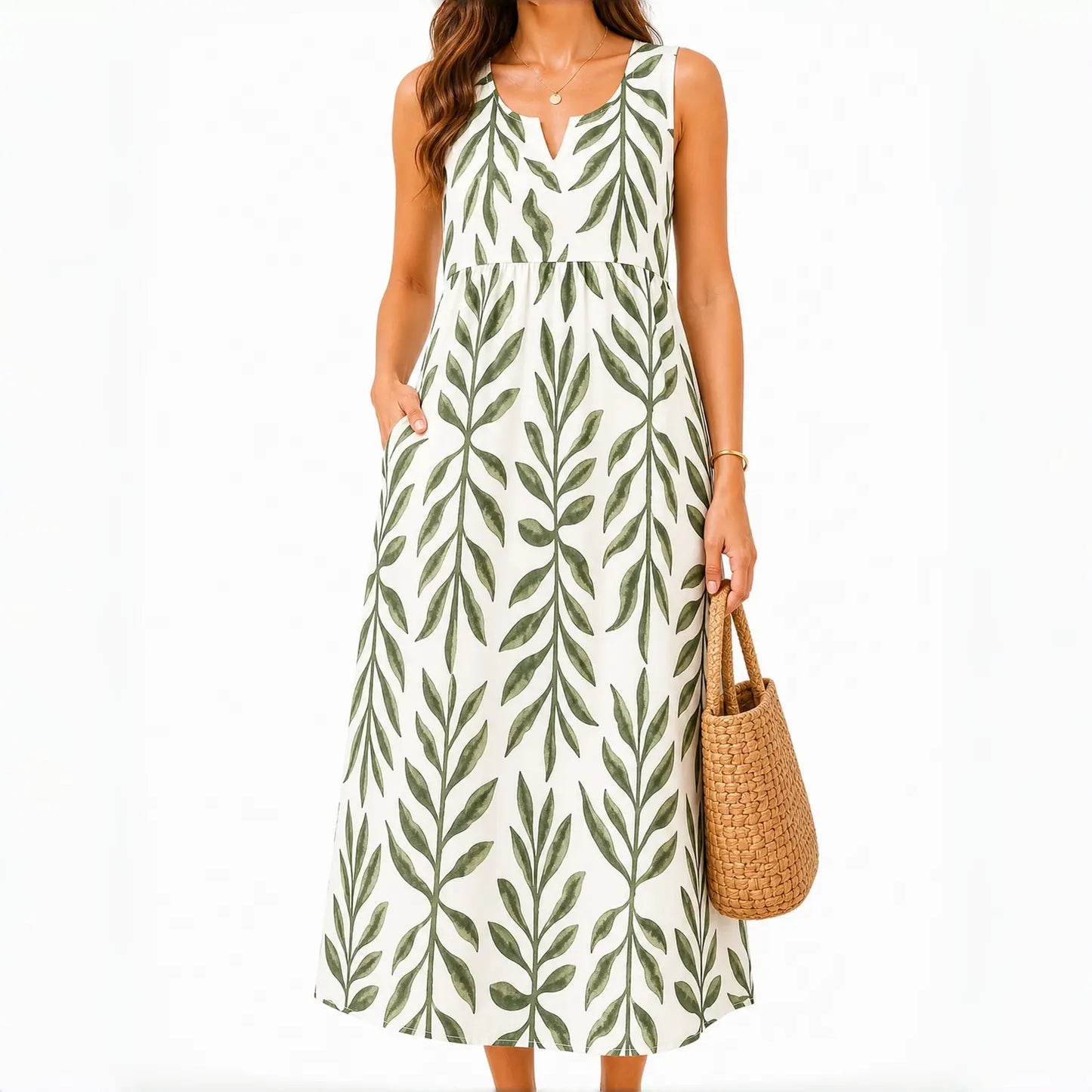 Polka Pockets Long Dress Sleeveless Berry Garden Sleeveless Maxi Dress Casual Summer Vacation Dress Womenswear Fitted Vneck