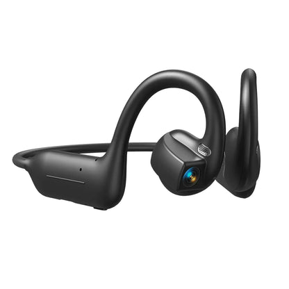 Bone conduction Bluetooth headphones featuring an 8-megapixel camera with EIS image stabilization, support for real-time translation in over 160 languages, dual touch and button controls, and IP54 water resistance.